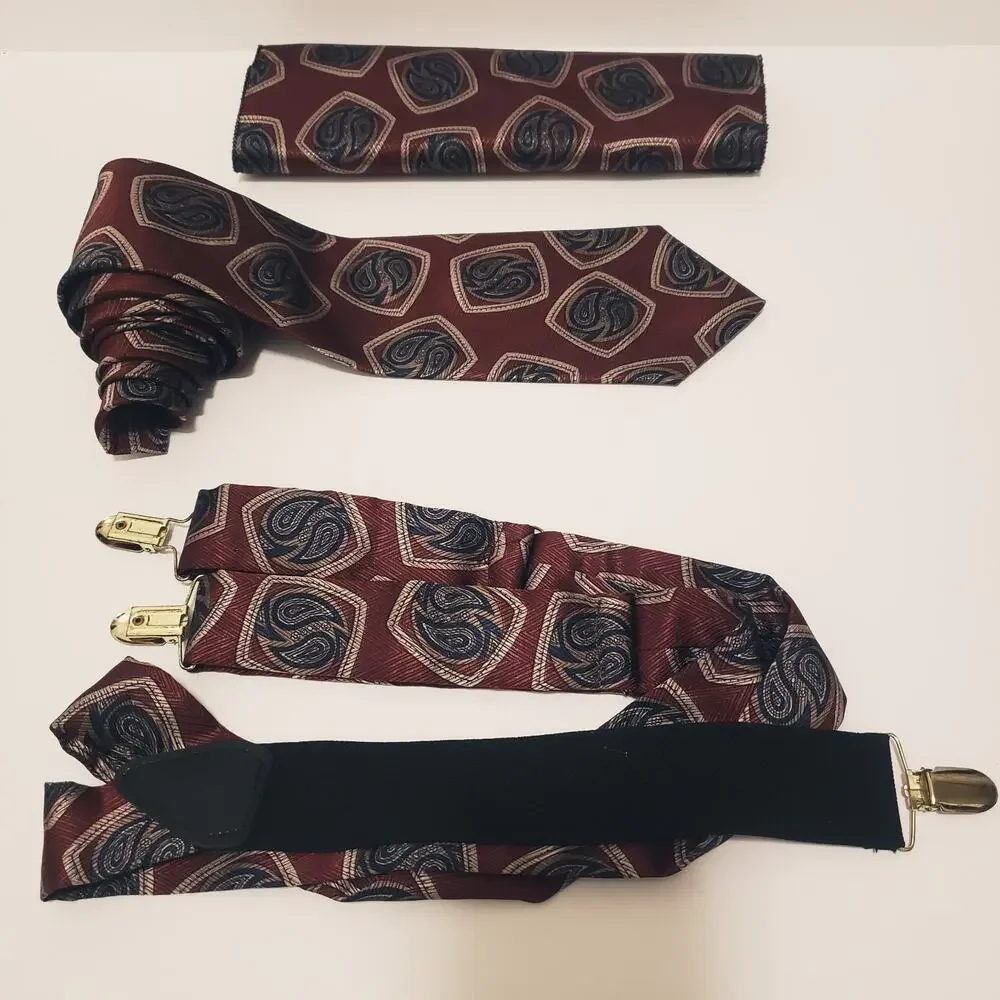 Giovanni Sciarpa Burgundy Tie, Adjustable Suspenders, & Handkerchief Set #14R